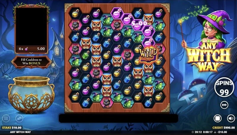 Any Witch Way - layar game dengan kuali dan grid 9x8